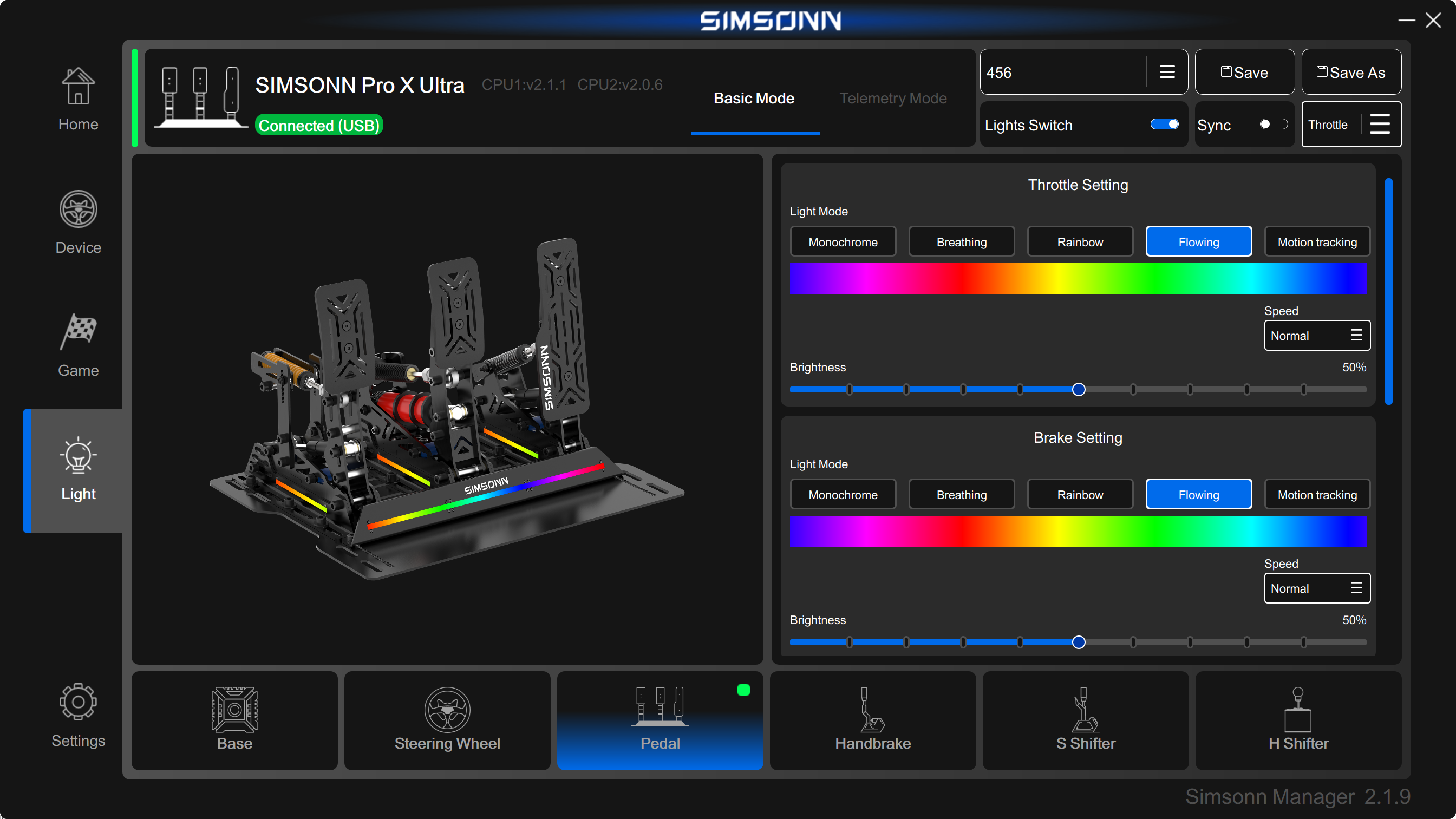 SIMSONN Pro X Ultra sim racing pedal software:  plus RGB lighting control with single, breathing, rainbow, flowing and follow light modes for throttle and brake