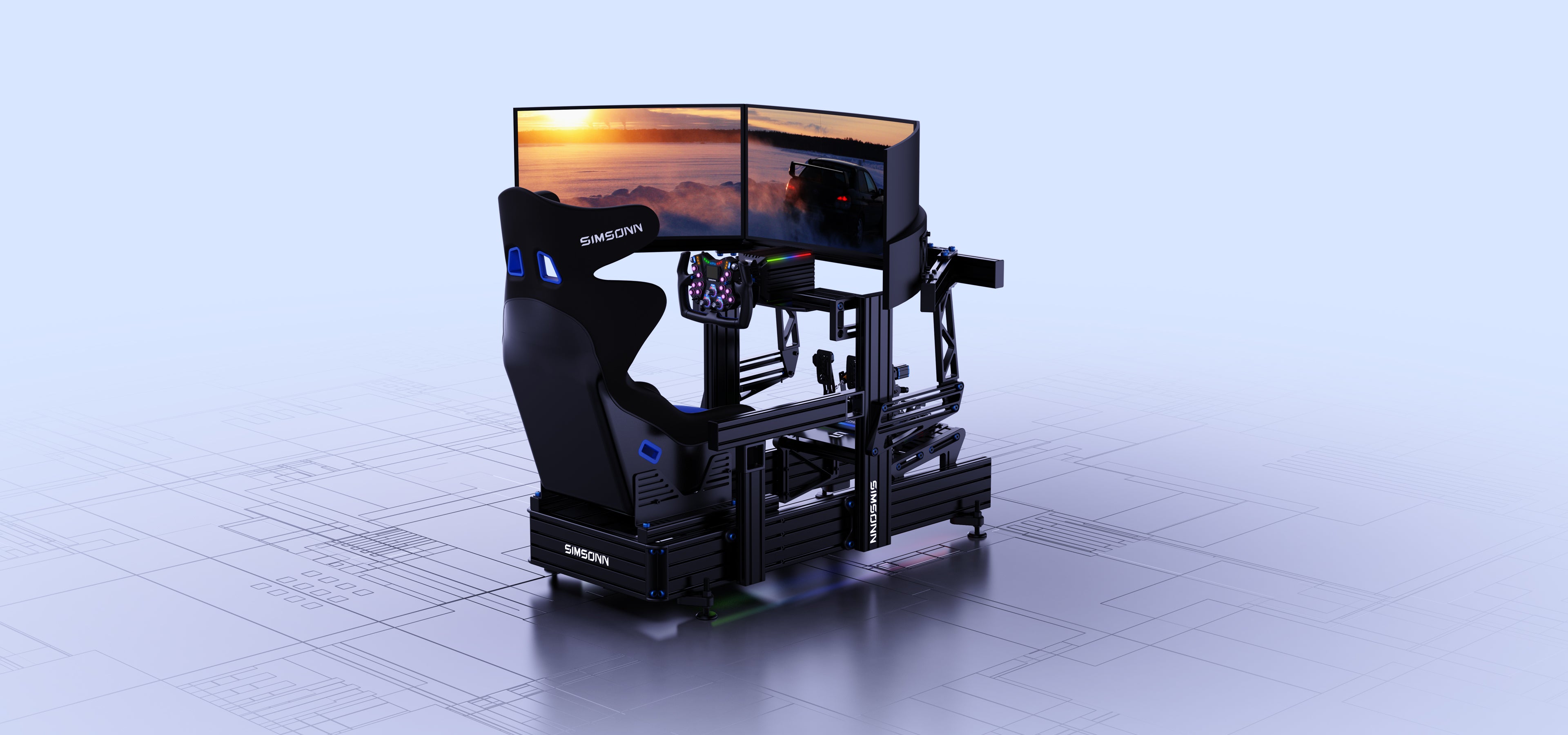 Sim racing cockpit with reinforced aluminum profile, CNC adapters and quick-release assembly.