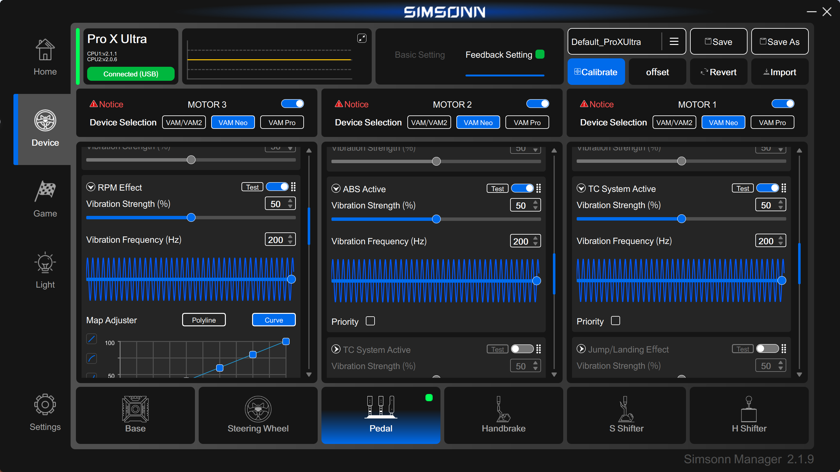 SIMSONN Plus X | SIMSONN Pro X Ultra software feedback setting screen for sim racing pedals: three independent motors with toggleable ABS, traction control (TC), clutch bite point, wheel lock, wheel slip, gear shift and RPM vibration, plus adjustable vibration strength and 50Hz vibration frequency