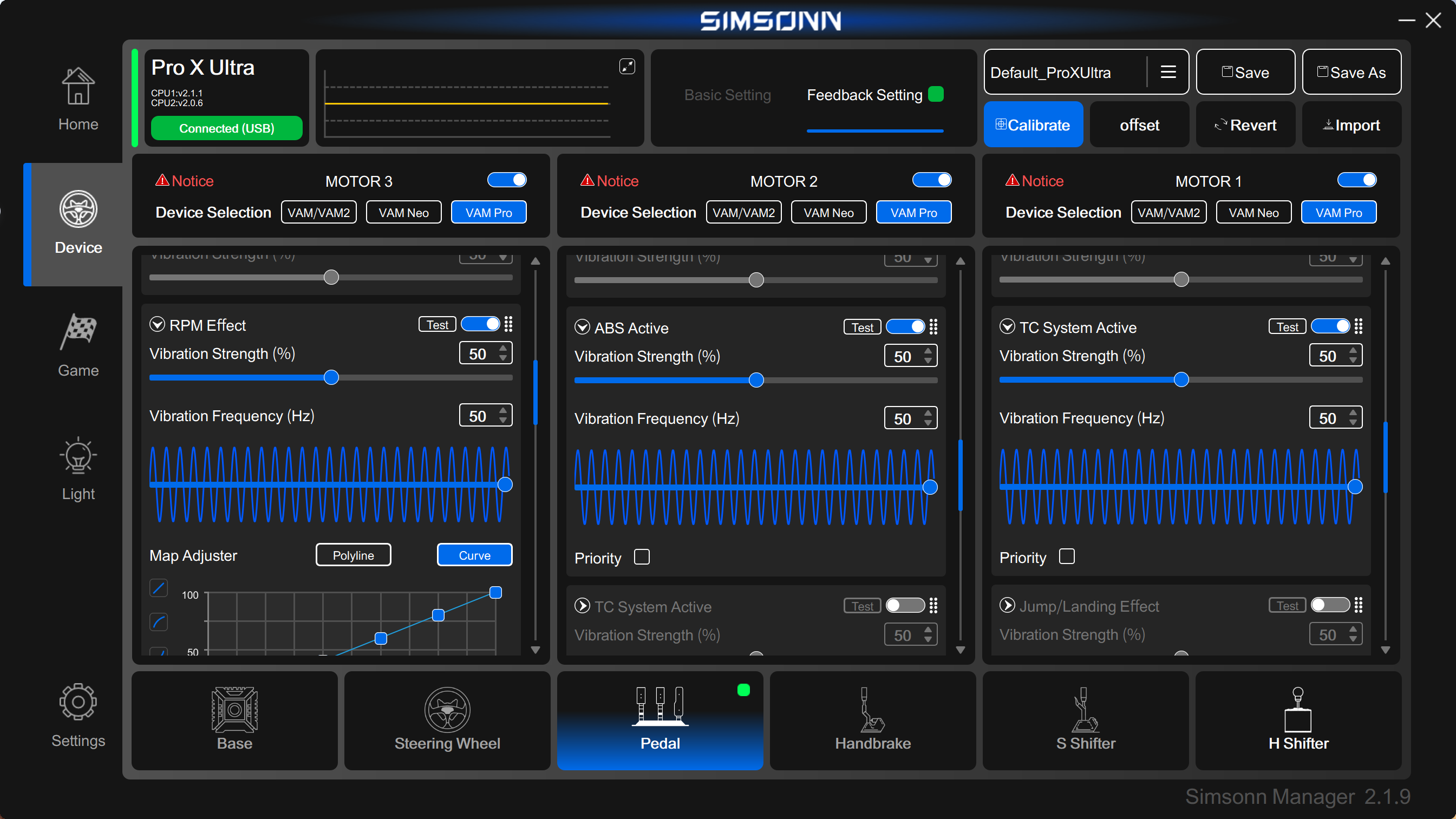 SIMSONN Plus X | SIMSONN Pro X Ultra software feedback setting screen for sim racing pedals: three independent motors with toggleable ABS, traction control (TC), clutch bite point, wheel lock, wheel slip, gear shift and RPM vibration, plus adjustable vibration strength and 50Hz vibration frequency