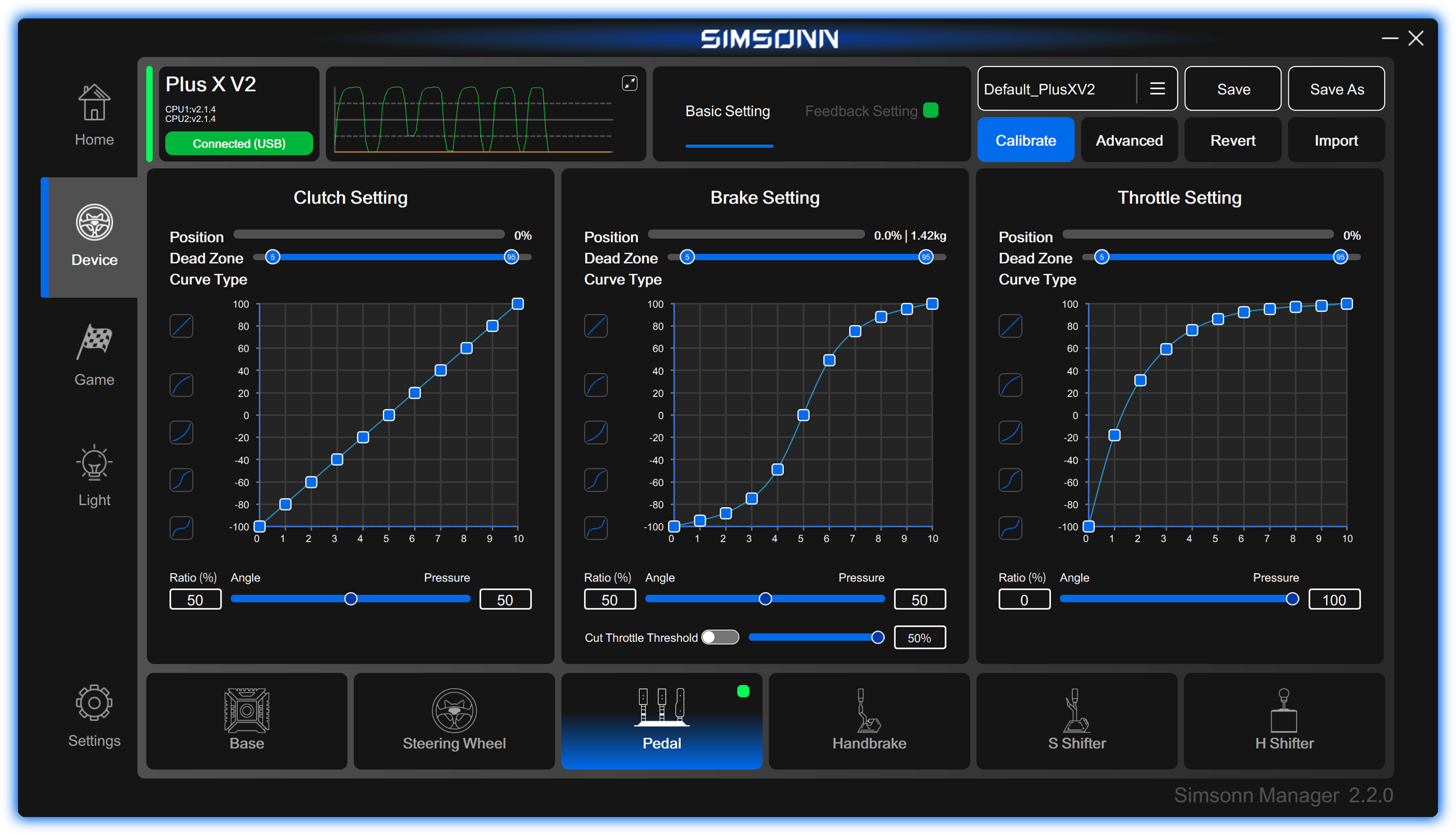 SIMSONN Manager professional control software interface with pedal output curves